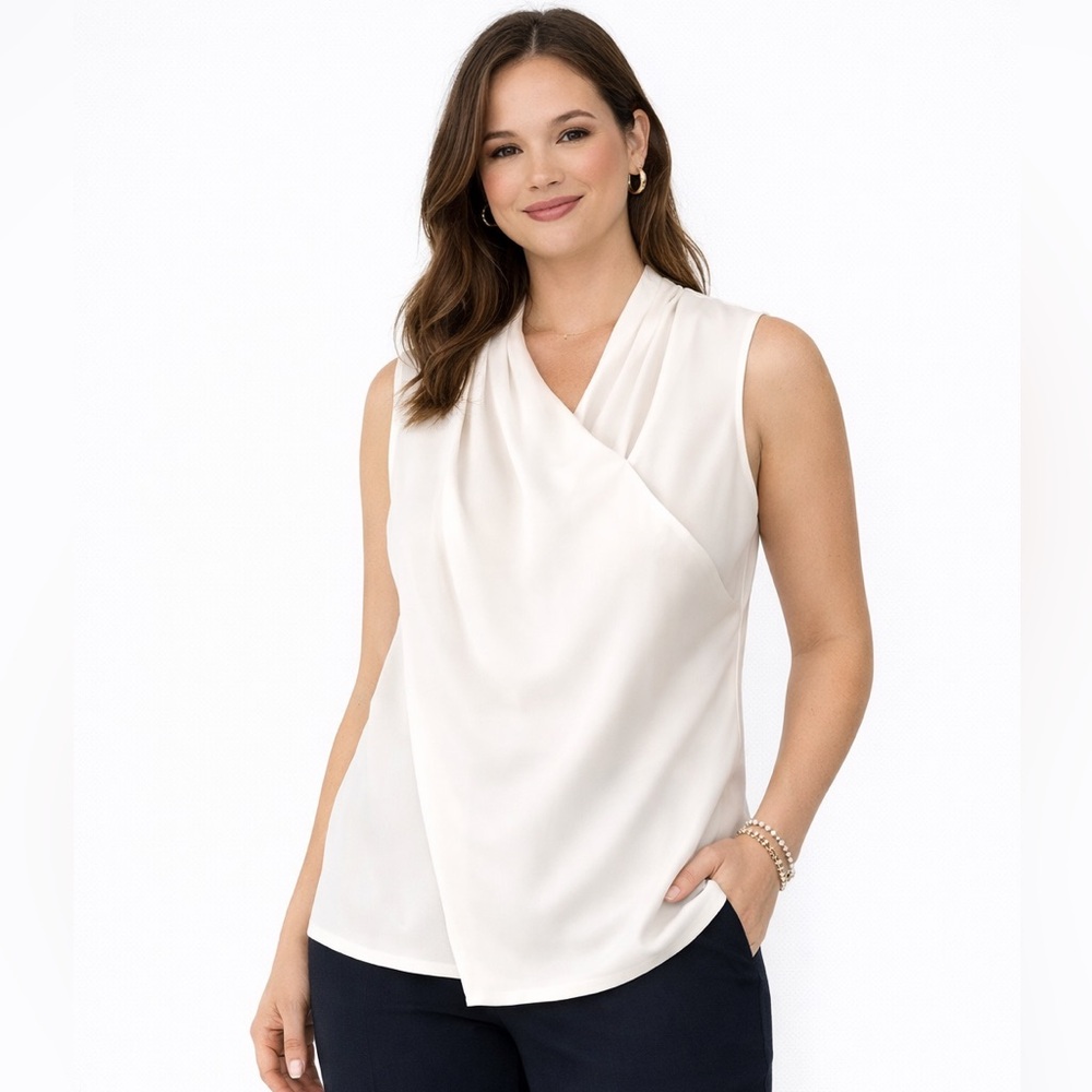 CABI Ivory Faux Wrap Tulip Hem Blouse High Neck Sleeveless Office Modern US 10